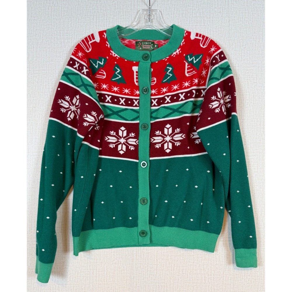 Ugly Christmas Sweater Womens Medium Green Red Fair Isle Cardigan Snowflake Tree